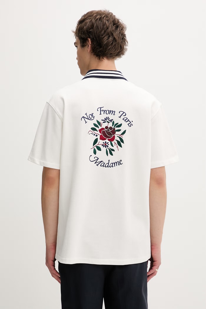 Drôle de Monsieur košeľa pánska bavlnená Chemise Piquée Slogan Rose nášivka béžová J.SH247.CO264.OW