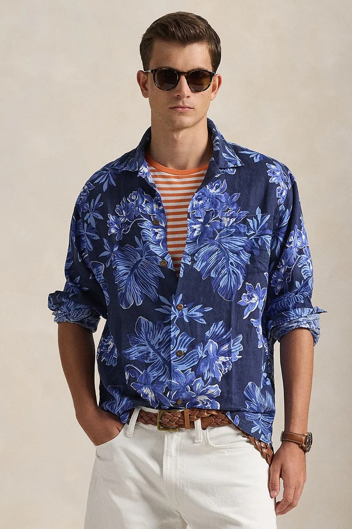 Πουκάμισο από λινό Polo Ralph Lauren κανονικό σκούρο μπλε 710P04449