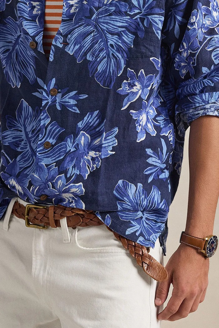 Πουκάμισο από λινό Polo Ralph Lauren σκούρο μπλε 710P04449
