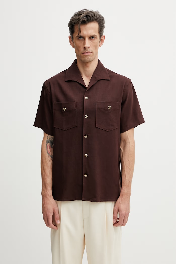 Drôle de Monsieur koszula męska z wiskozą Chemise a Poches Viscose brązowy K.SH254.VI029.BN