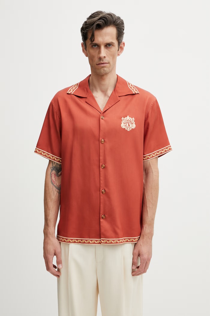Odzież Drôle de Monsieur koszula męska z lyocellu Chemise Brodée Danseurs K.SH228.CLY001.BR pomarańczowy