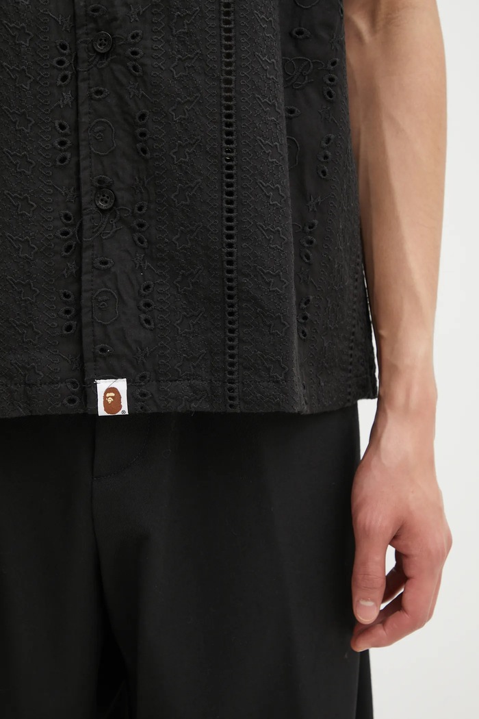 Bavlnená košeľa A Bathing Ape Embroidery Open Collar čierna 1L30132305