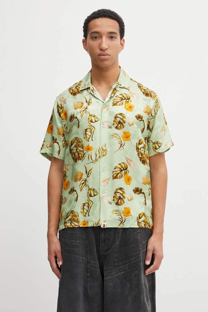 Сорочка з додаванням шовку A Bathing Ape Vacation Pattern Open Collar casual зелений 1L30132308