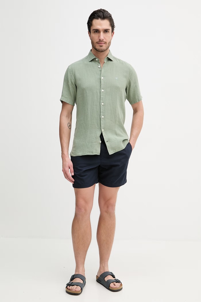 Πουκάμισο από λινό Hackett London HM3010633 πράσινο SS26