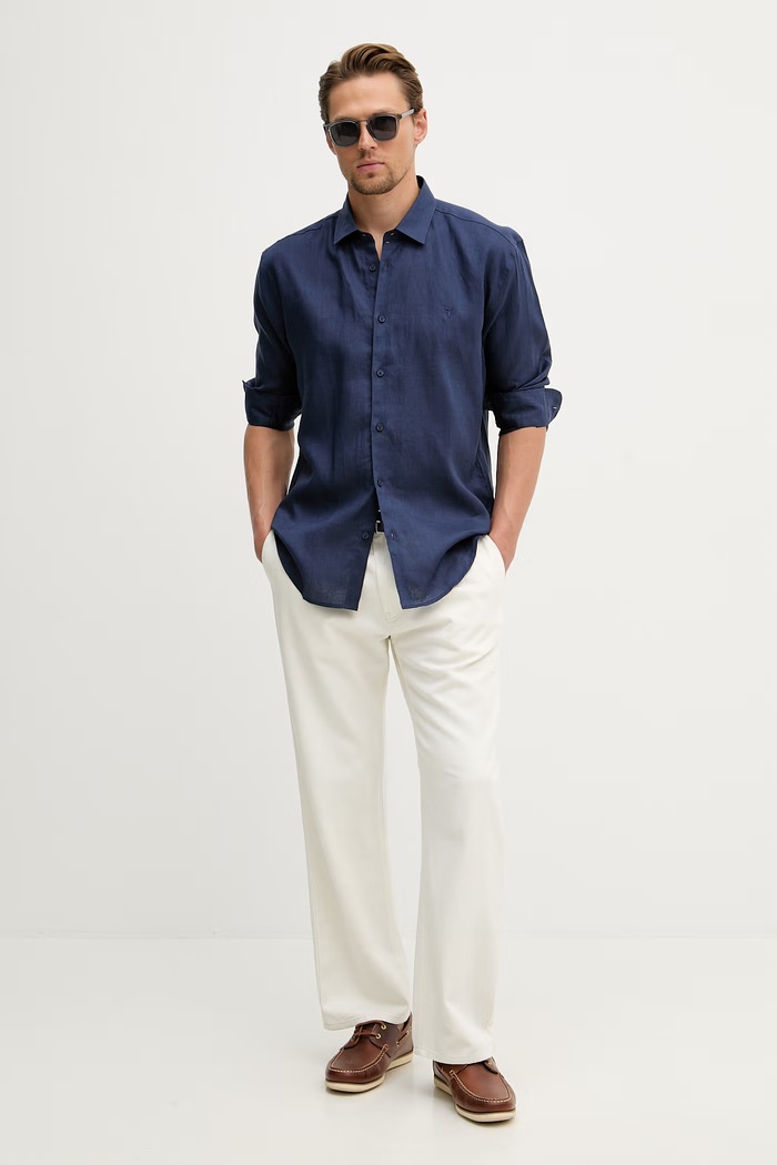 Trussardi риза мъжка от лен 5025N000032N тъмносин SS26