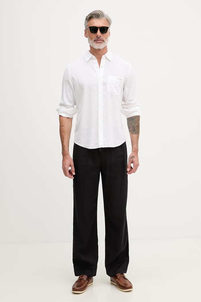 Calvin Klein Jeans košeľa pánska s ľanom LV04RF121G biela SS26