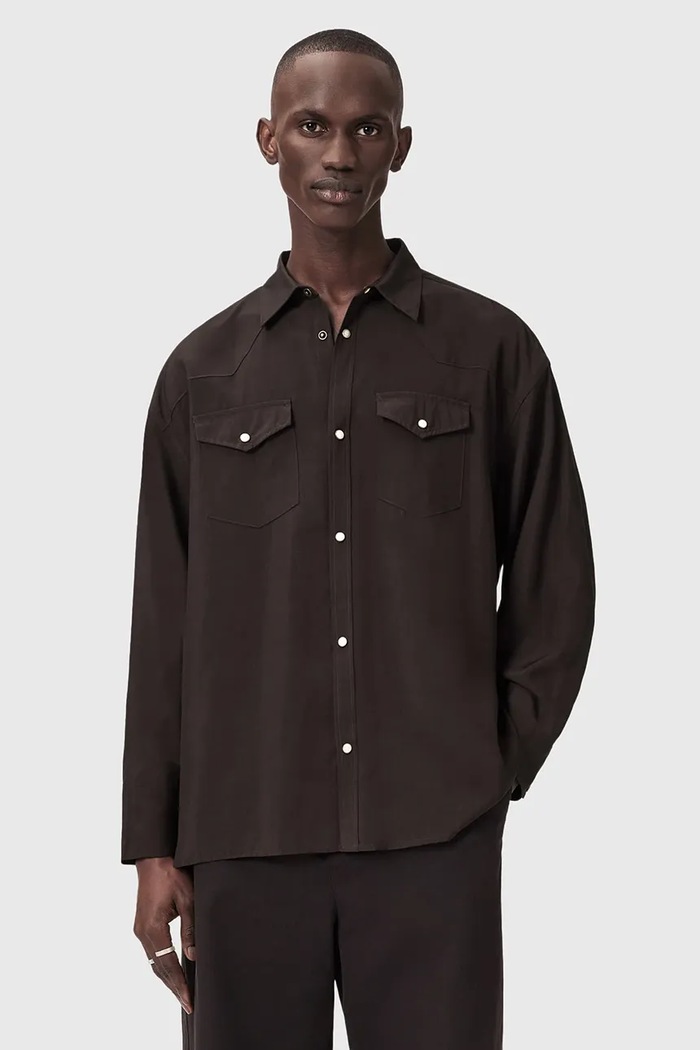 Košeľa AllSaints PICKETT relaxed hnedá M017SE