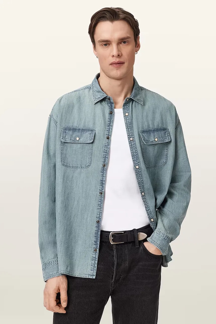 AllSaints Cămașă pentru bărbați din denim GRIBBS albastru M042SE