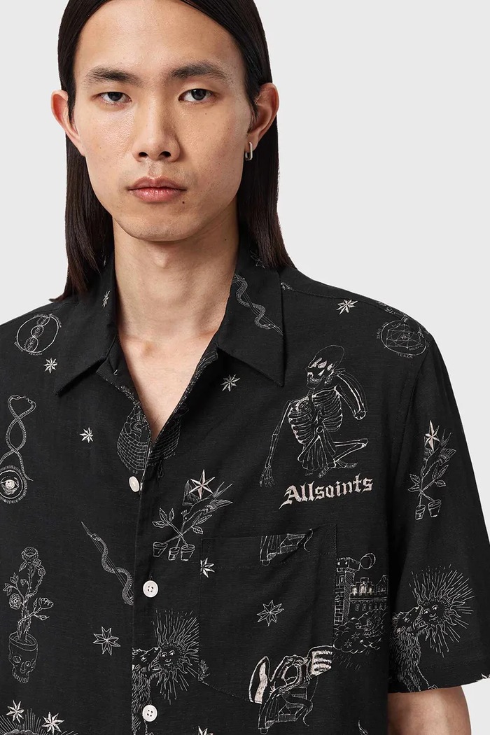 Košeľa s prímesou ľanu AllSaints TERRA čierna M049SE