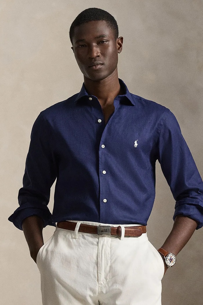 Polo Ralph Lauren košeľa pánska s ľanom tmavomodrá 710B15596