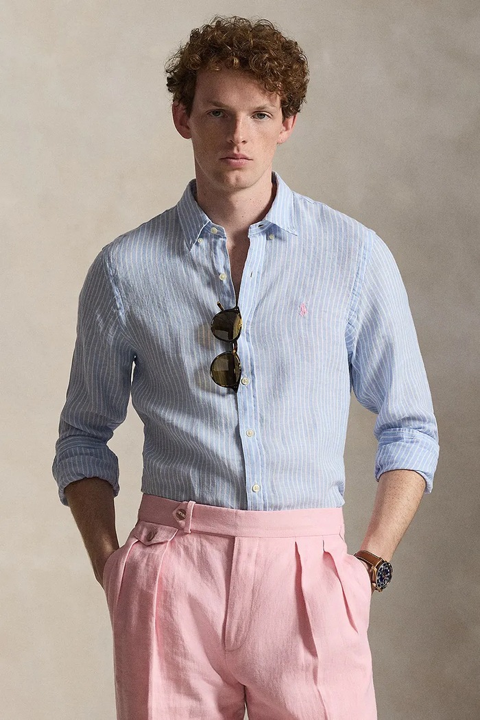 Ľanová košeľa Polo Ralph Lauren slim modrá 710B15647