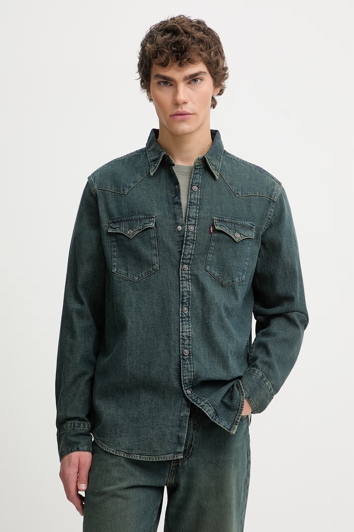 Levi's cămașă jeans BARSTOW WESTERN STANDARD lung verde 85744.0121