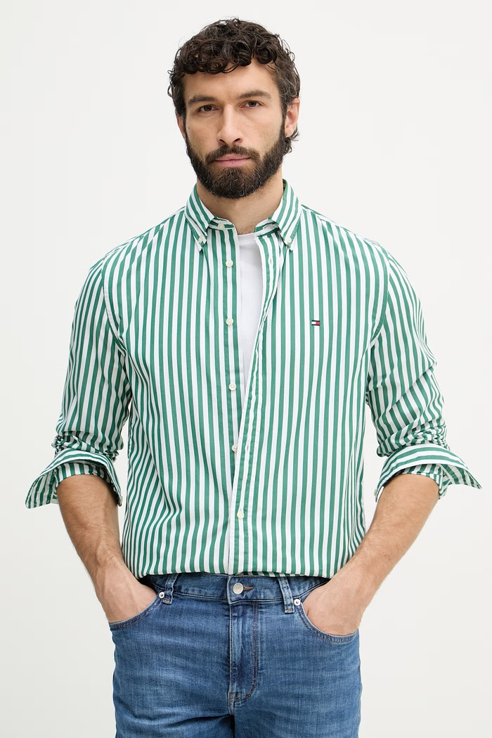 Tommy Hilfiger košeľa pánska bavlnená zelená MW0MW42440