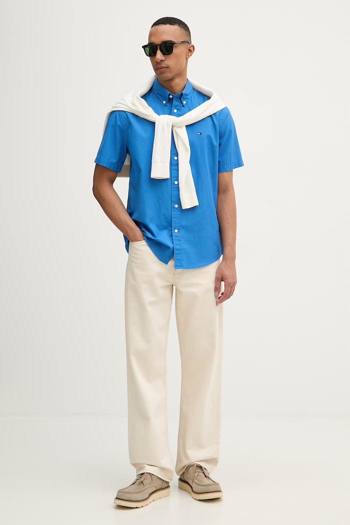 Tommy Hilfiger cămașă din bumbac pentru bărbați MW0MW42630 albastru SS26