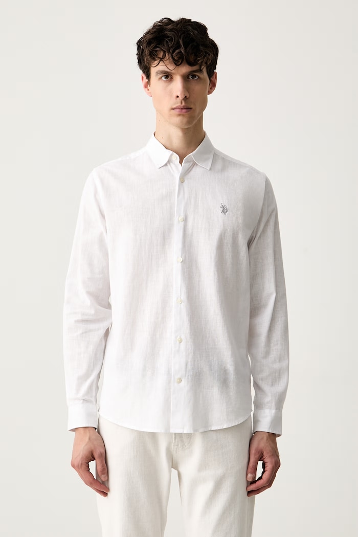 U.S. Polo Assn. koszula safari męska z lnem LINEN BLEND LS biały MUP3248