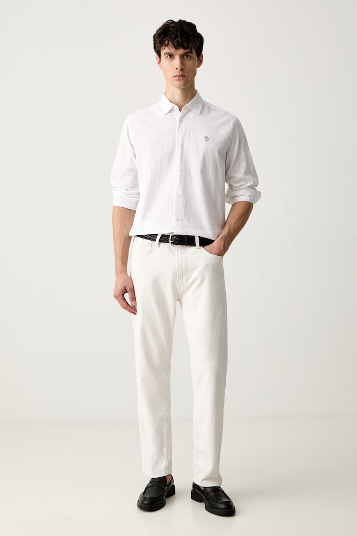 U.S. Polo Assn. koszula safari męska z lnem LINEN BLEND LS MUP3248 biały SS26