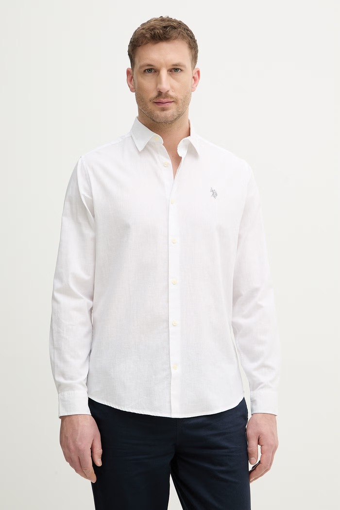 U.S. Polo Assn. cămașă safari pentru bărbați cu in LINEN BLEND LS uni alb MUP3248