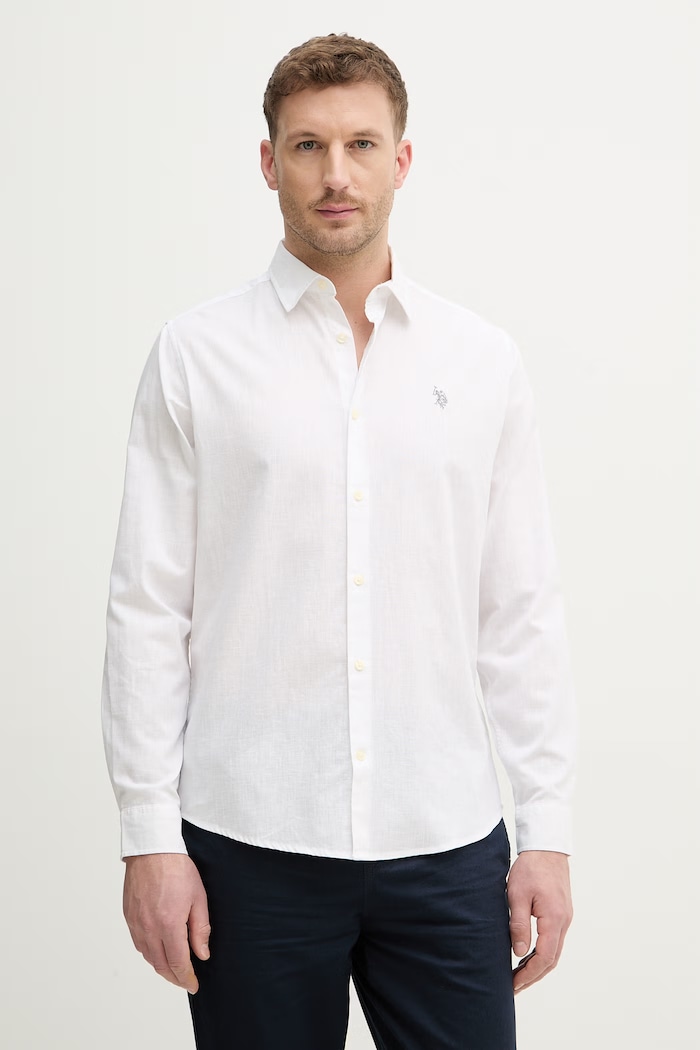 U.S. Polo Assn. cămașă safari pentru bărbați cu in LINEN BLEND LS uni alb MUP3248