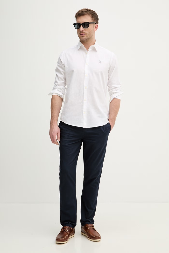 U.S. Polo Assn. cămașă safari pentru bărbați cu in LINEN BLEND LS MUP3248 alb SS26
