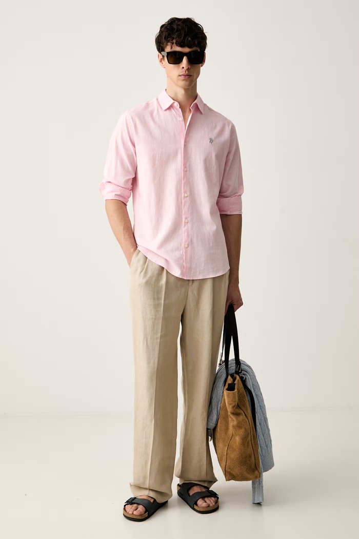 U.S. Polo Assn. koszula safari męska z lnem LINEN BLEND LS MUP3248 różowy SS26