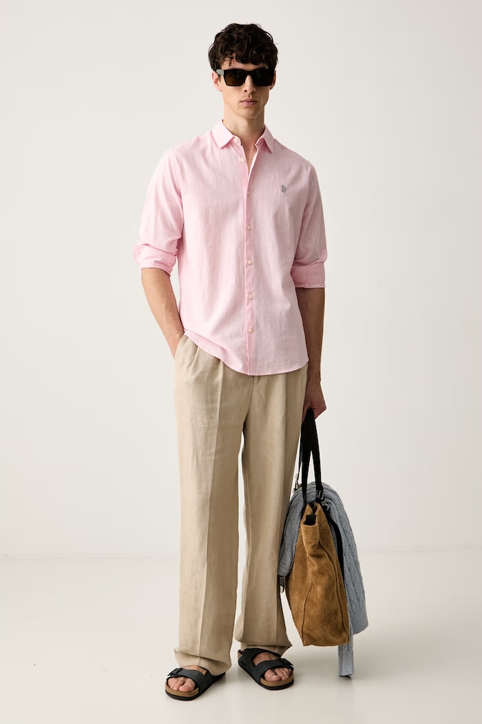 U.S. Polo Assn. koszula safari męska z lnem LINEN BLEND LS MUP3248 różowy SS26