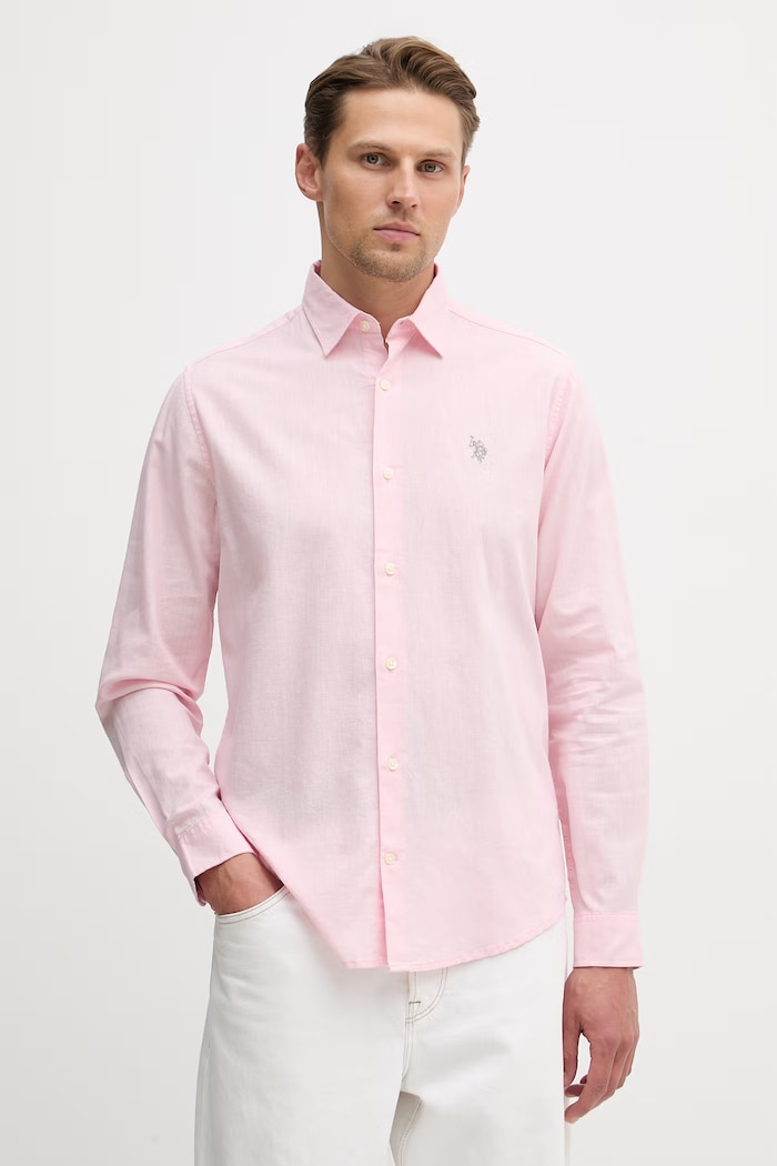 U.S. Polo Assn. Cămașă safari pentru bărbați cu in LINEN BLEND LS uni roz MUP3248
