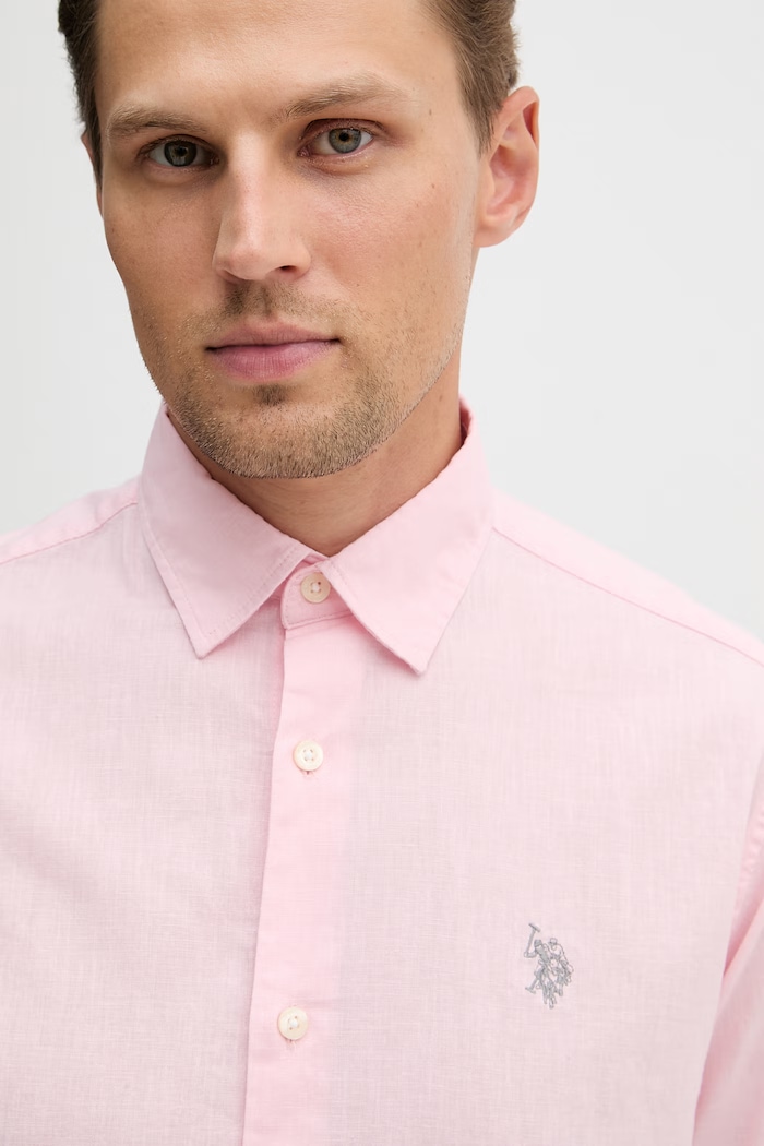 U.S. Polo Assn. Cămașă safari pentru bărbați cu in LINEN BLEND LS roz MUP3248