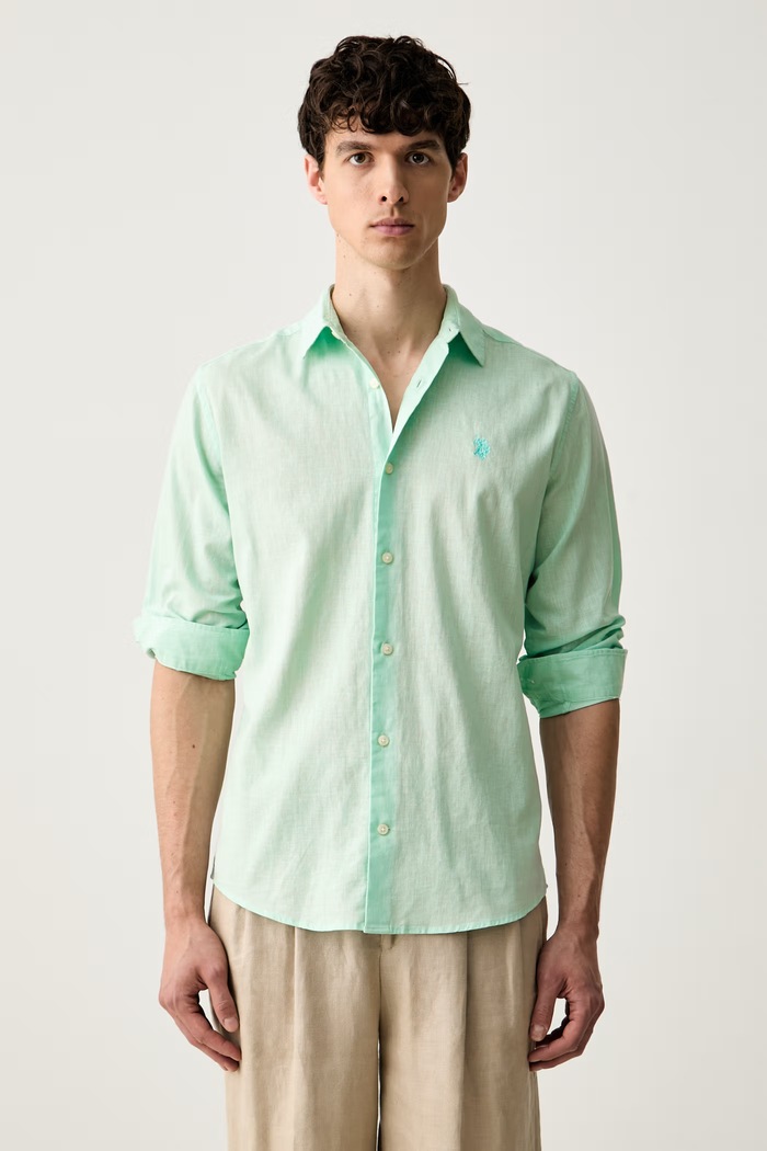 U.S. Polo Assn. рубашка сафари для мужчин со льном LINEN BLEND LS зелёный MUP3248