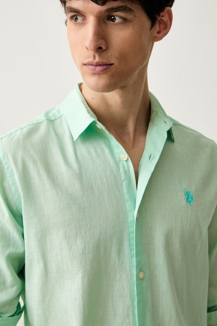 U.S. Polo Assn. рубашка сафари для мужчин со льном LINEN BLEND LS зелёный MUP3248