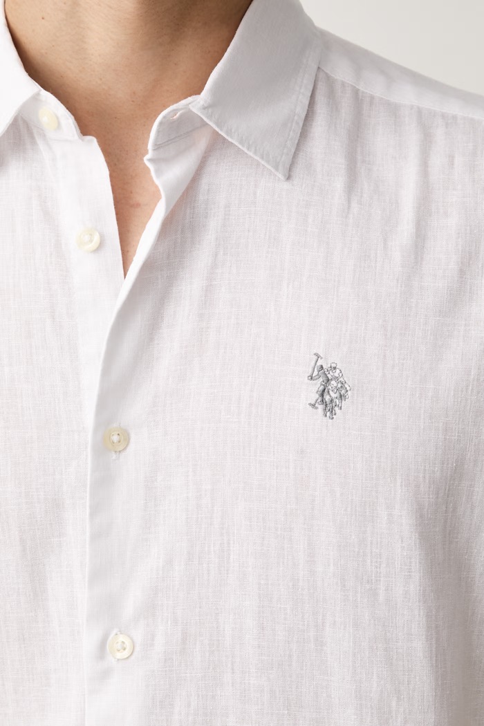 U.S. Polo Assn. koszula męska z dodatkiem lnu LINEN BLEND SS MUP3254 biały