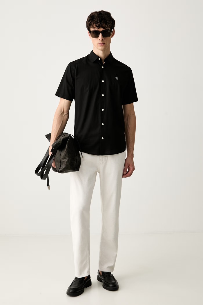 U.S. Polo Assn. koszula męska z dodatkiem lnu LINEN BLEND SS MUP3254 czarny SS26