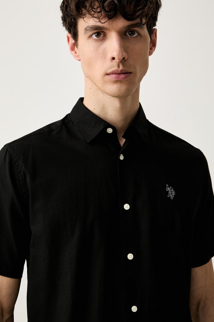 U.S. Polo Assn. koszula męska z dodatkiem lnu LINEN BLEND SS czarny MUP3254
