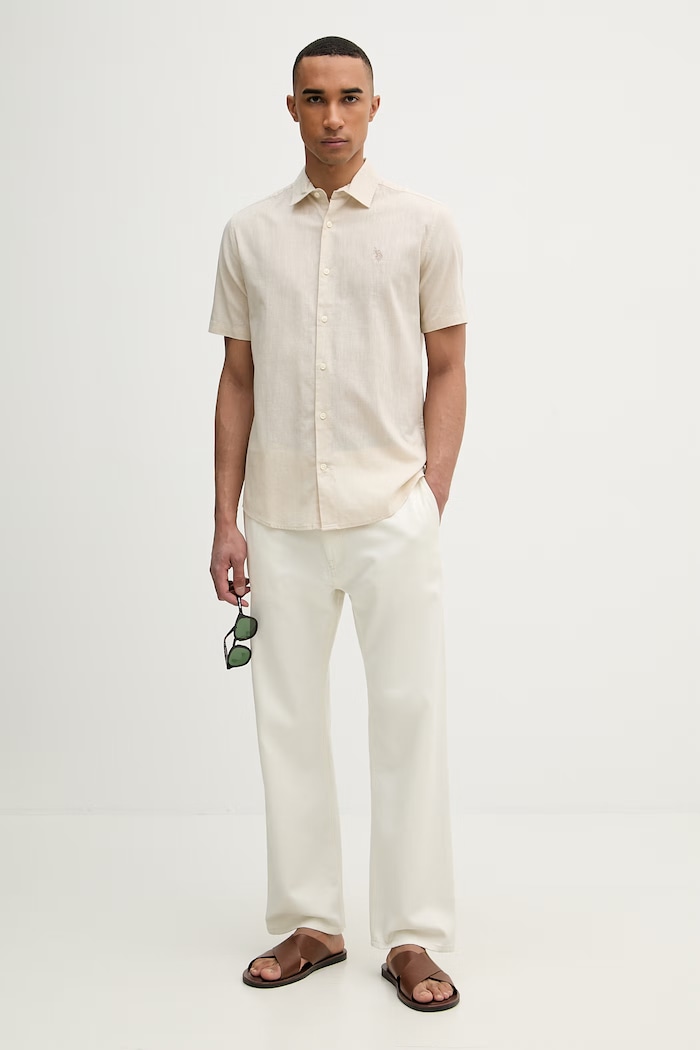 U.S. Polo Assn. cămașă safari bărbați cu in LINEN BLEND SS MUP3254.J54 bej SS26