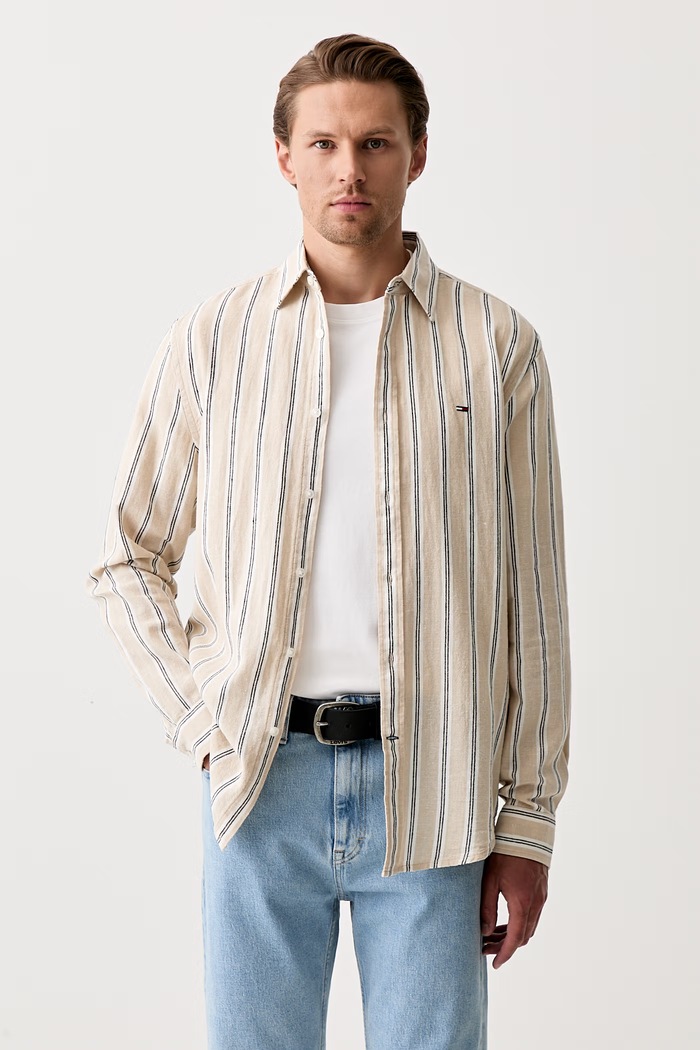 Tommy Jeans koszula męska z lnem beżowy DM0DM22755