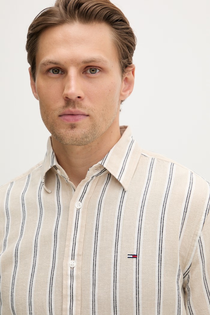 Tommy Jeans košeľa pánska s ľanom béžová DM0DM22755