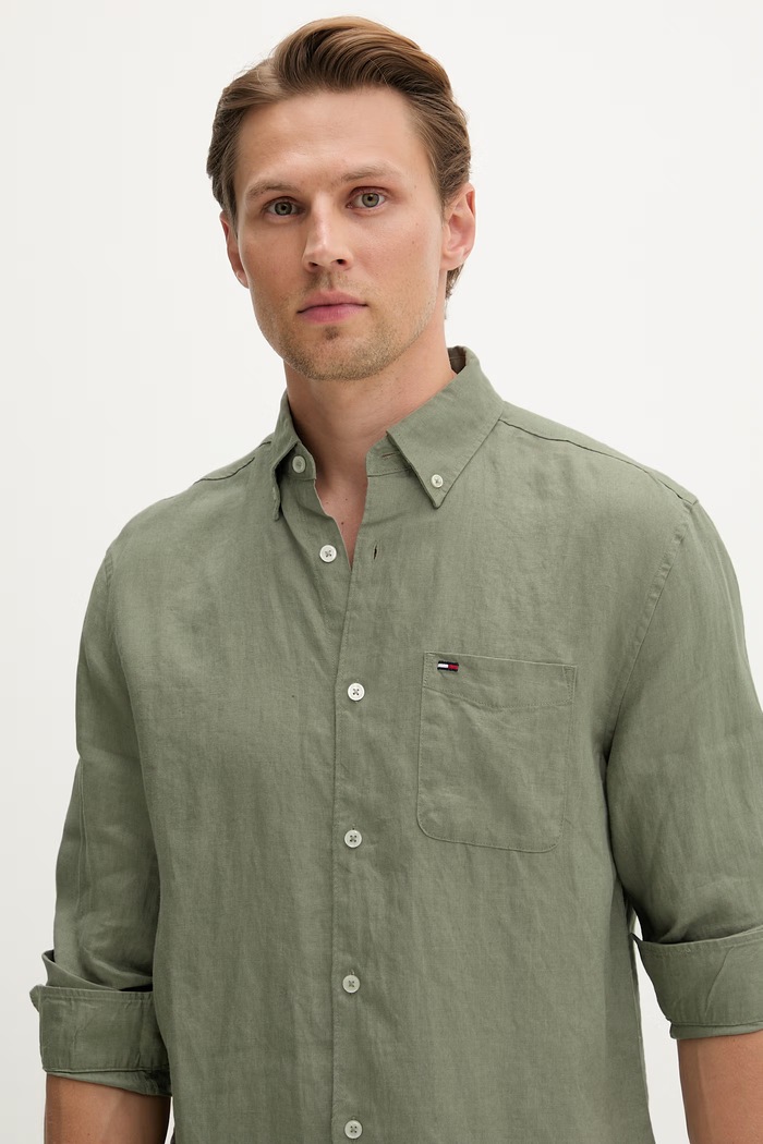 Tommy Jeans cămașă pentru bărbați, din in verde DM0DM22760