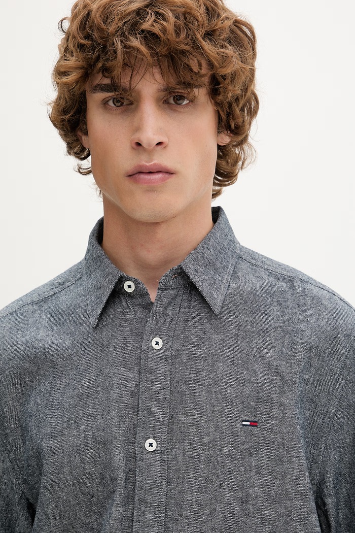 Tommy Jeans košeľa pánska s ľanom tmavomodrá DM0DM22761