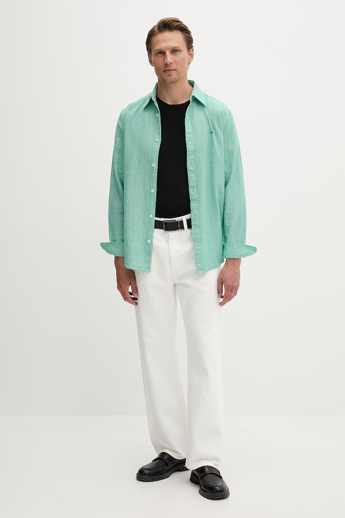Tommy Jeans cămașă pentru bărbați, cu in DM0DM22761 verde SS26