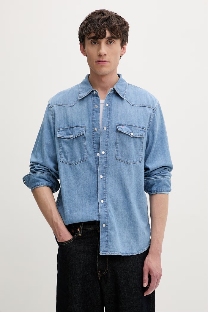 Tommy Jeans košile pánská bavlněná modrá DM0DM23029