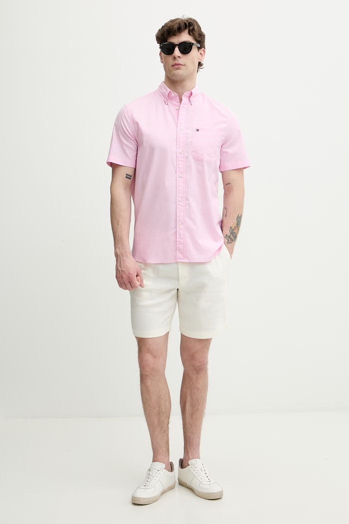 Tommy Hilfiger košeľa pánska bavlnená s elastanom MW0MW42285 ružová SS26
