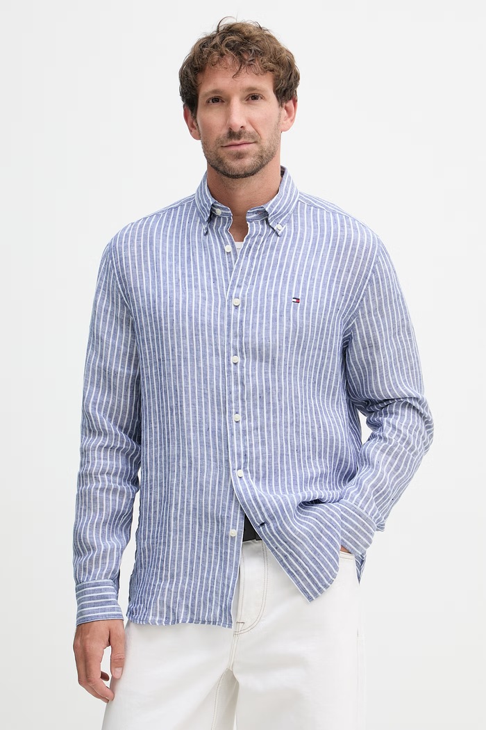 Tommy Hilfiger košeľa pánska ľanová modrá MW0MW42400