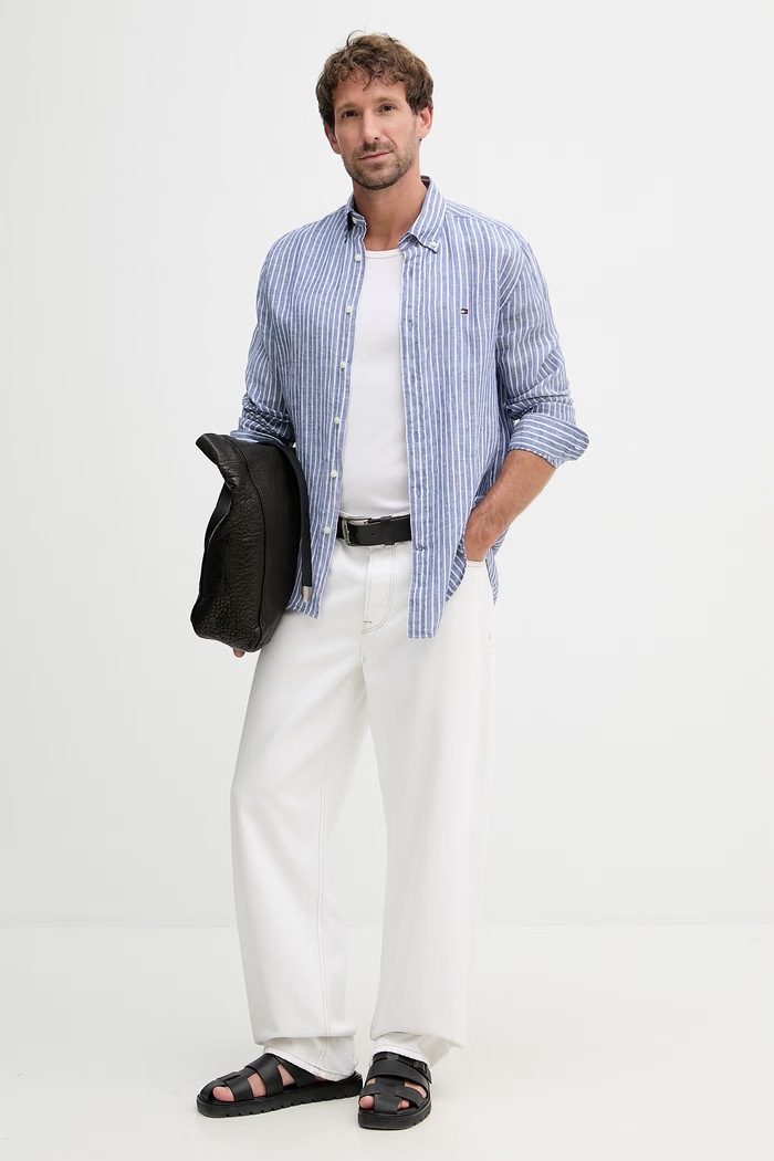 Tommy Hilfiger košeľa pánska ľanová MW0MW42400 modrá SS26