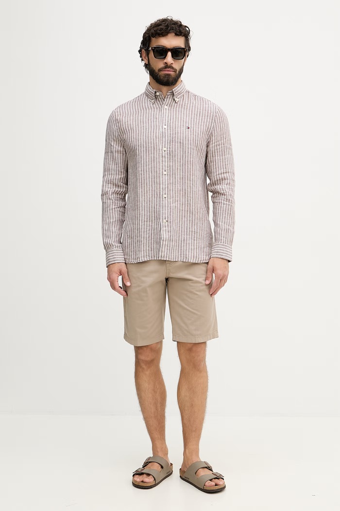 Tommy Hilfiger košeľa pánska ľanová MW0MW42400 hnedá SS26
