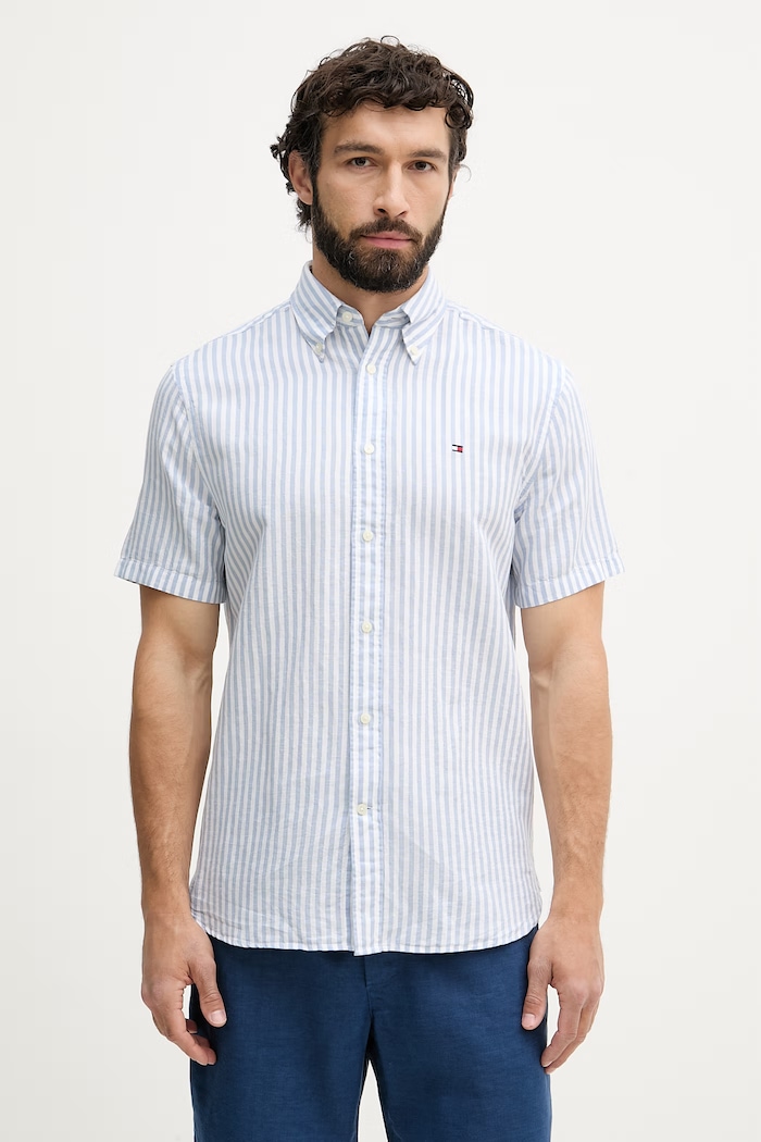 Tommy Hilfiger košeľa pánska s ľanom modrá MW0MW42449