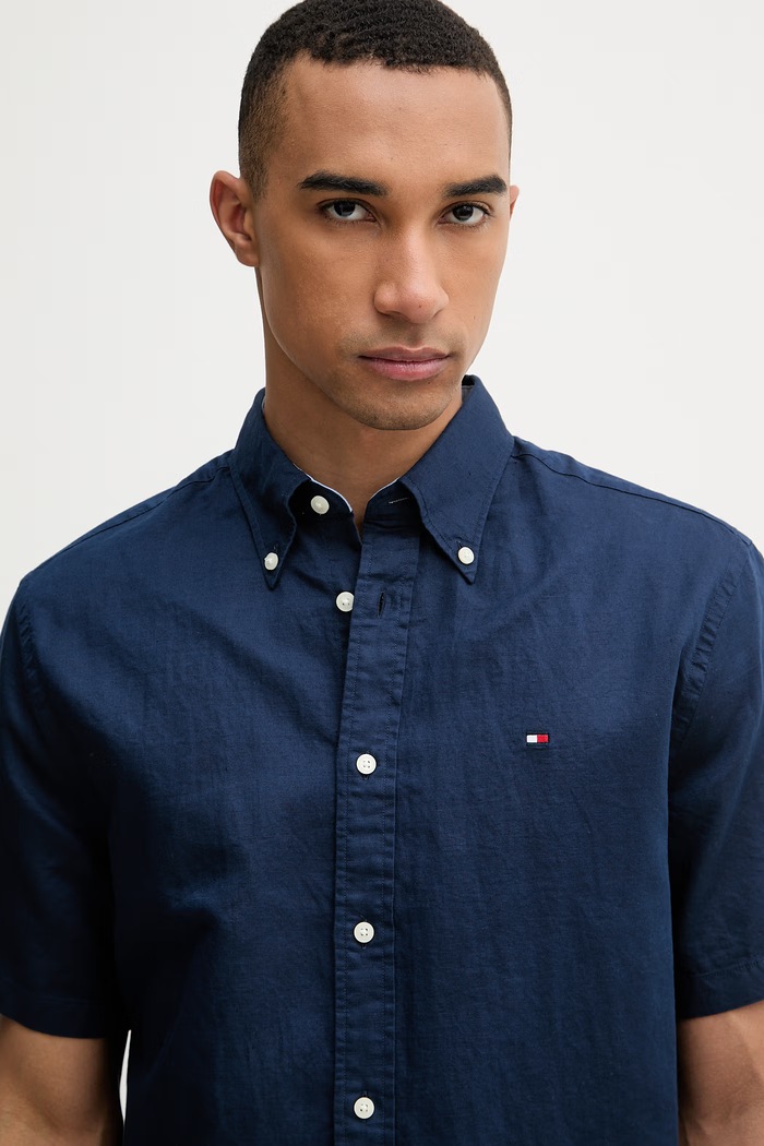 Tommy Hilfiger košeľa pánska s ľanom tmavomodrá MW0MW42450