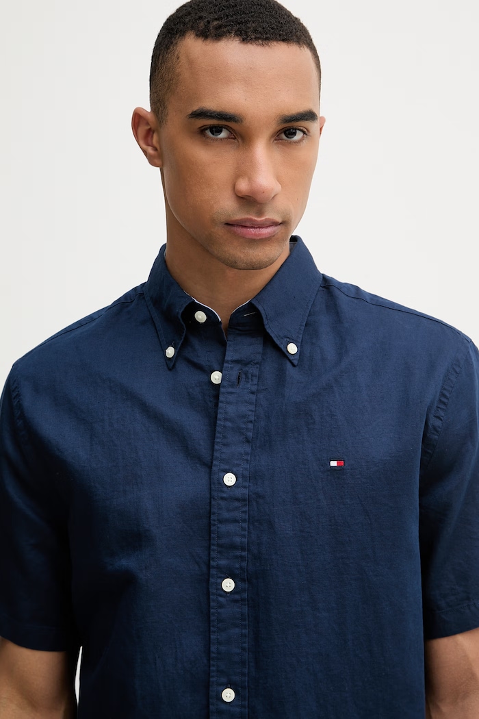 Tommy Hilfiger košeľa pánska s ľanom tmavomodrá MW0MW42450