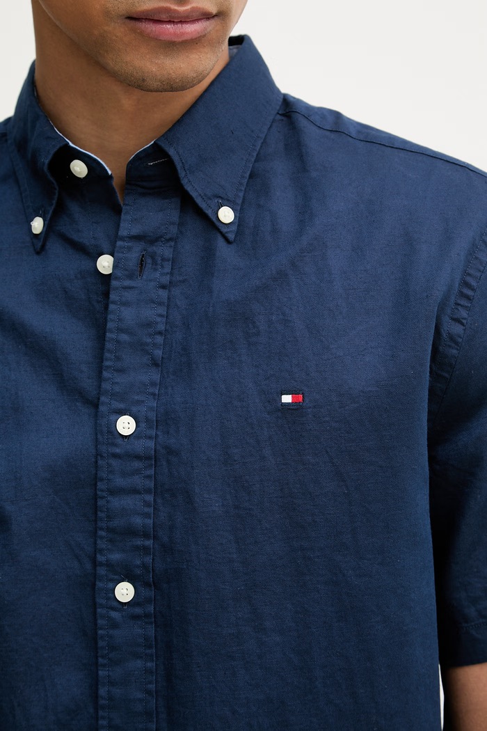 Tommy Hilfiger košeľa pánska s ľanom MW0MW42450 tmavomodrá