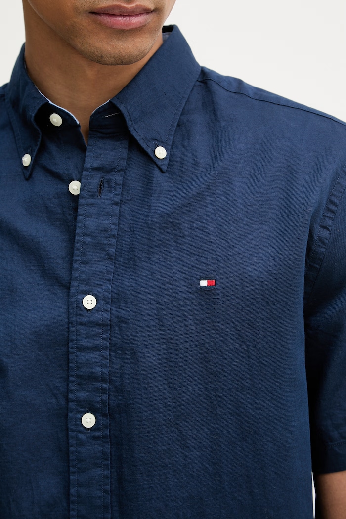 Tommy Hilfiger košeľa pánska s ľanom MW0MW42450 tmavomodrá