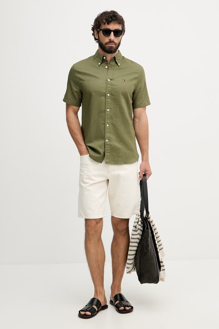 Tommy Hilfiger cămașă pentru bărbați, cu in MW0MW42450 verde SS26
