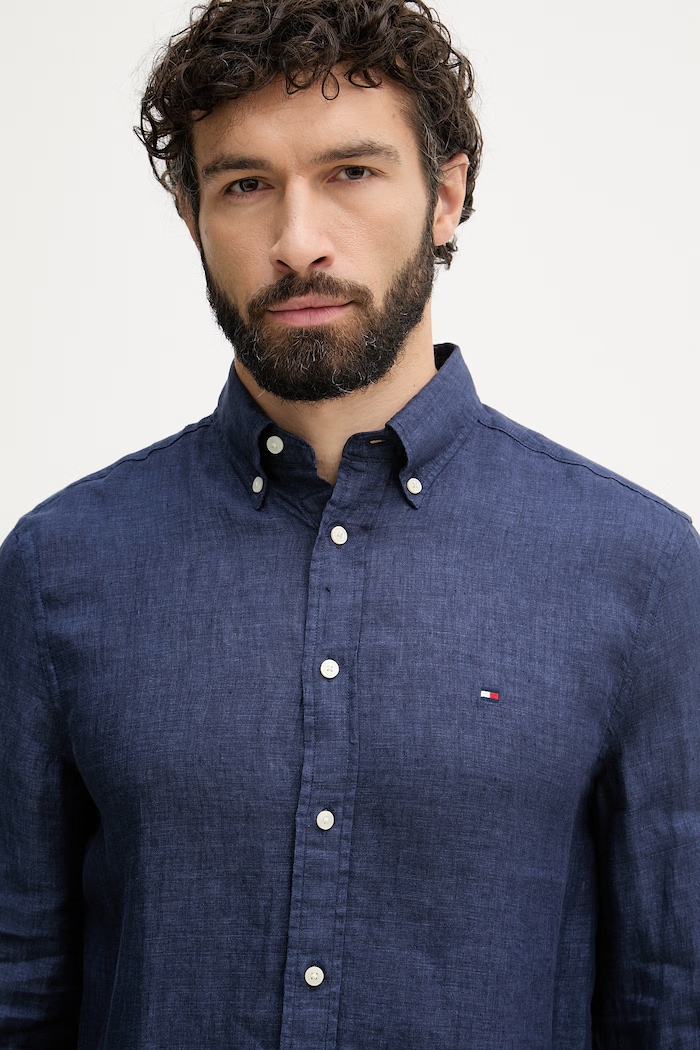 Tommy Hilfiger srajca moška lanena mornarsko modra MW0MW41530